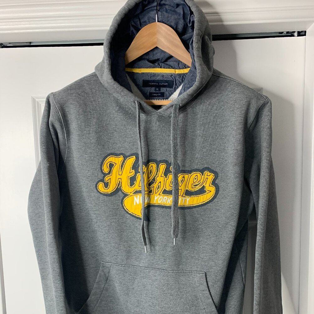 Tommy Hilfiger XL Grey Hoodie Vintage Style NYC Embroidery Logo Cuff Sweatshirt